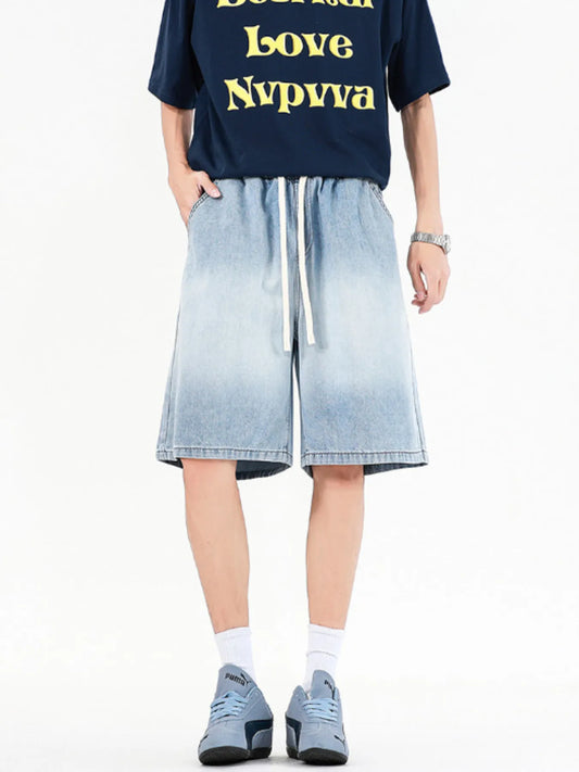Men's Full Size Drawstring Loose Fit Denim Shorts Plus Size Light Blue - Fashorio