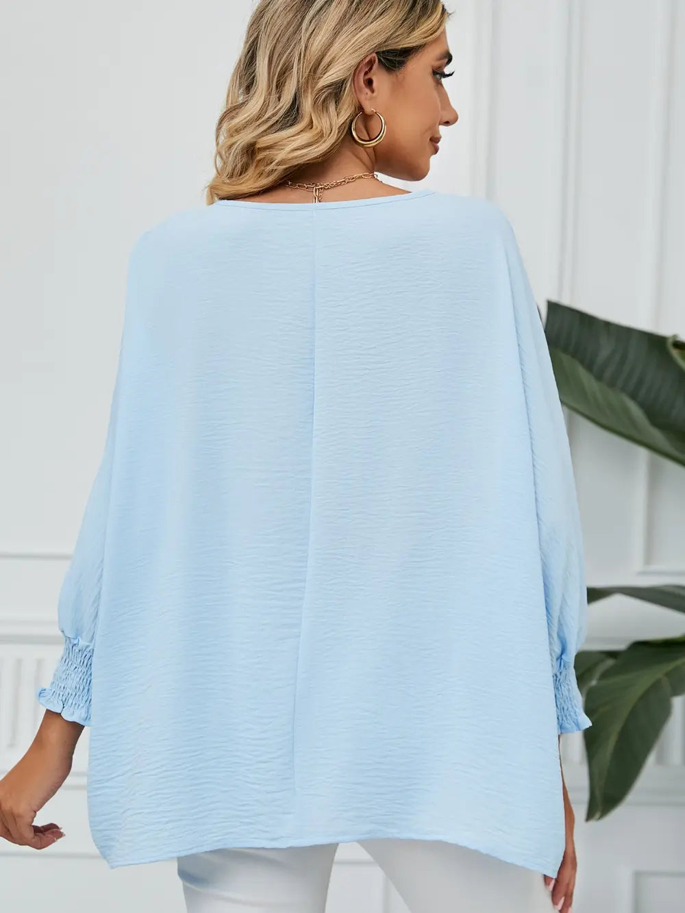 Smocked Lantern Sleeve Round Neck Blouse - Fashorio