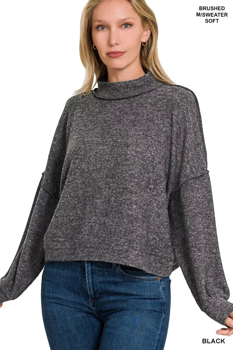 Brushed Melange Hacci Cropped Sweater in Black back view