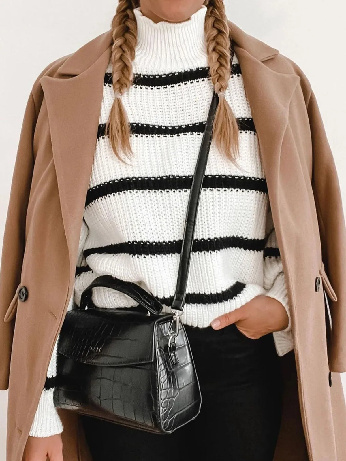 Striped turtleneck styled with jeans