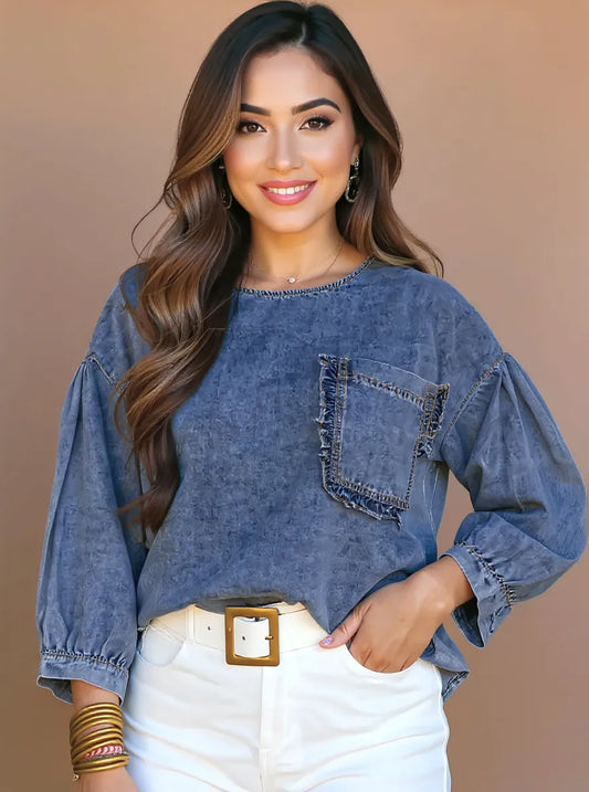 3/4 Sleeve Ruffled Patched Pocket Denim Blouse Medium - Fashorio