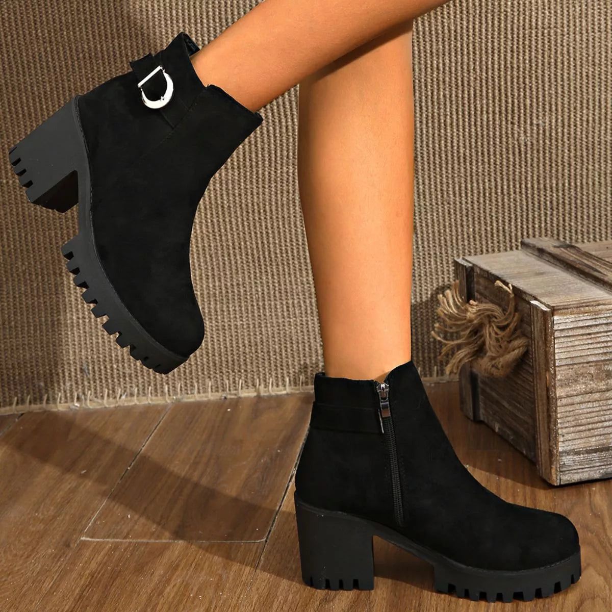 Suede round toe block heel boots styled on model