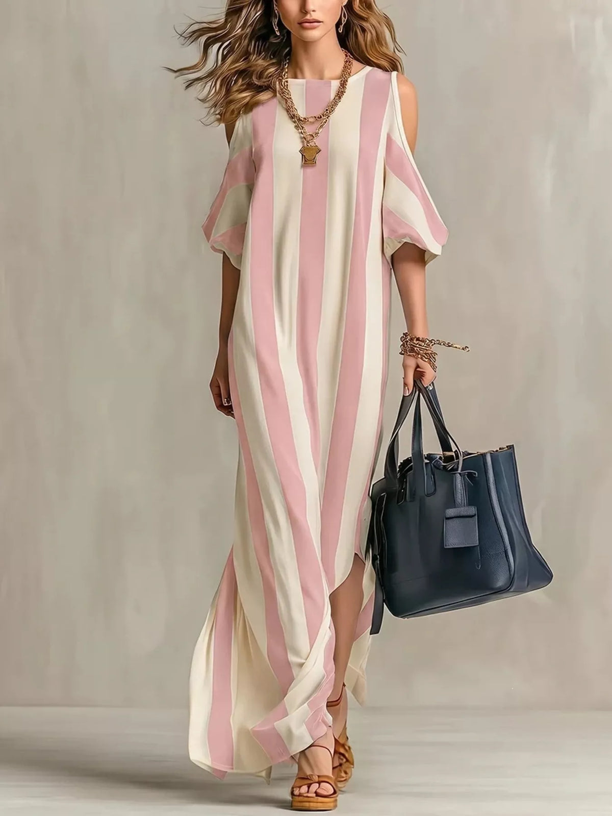 Striped maxi dress styled with flat sandals