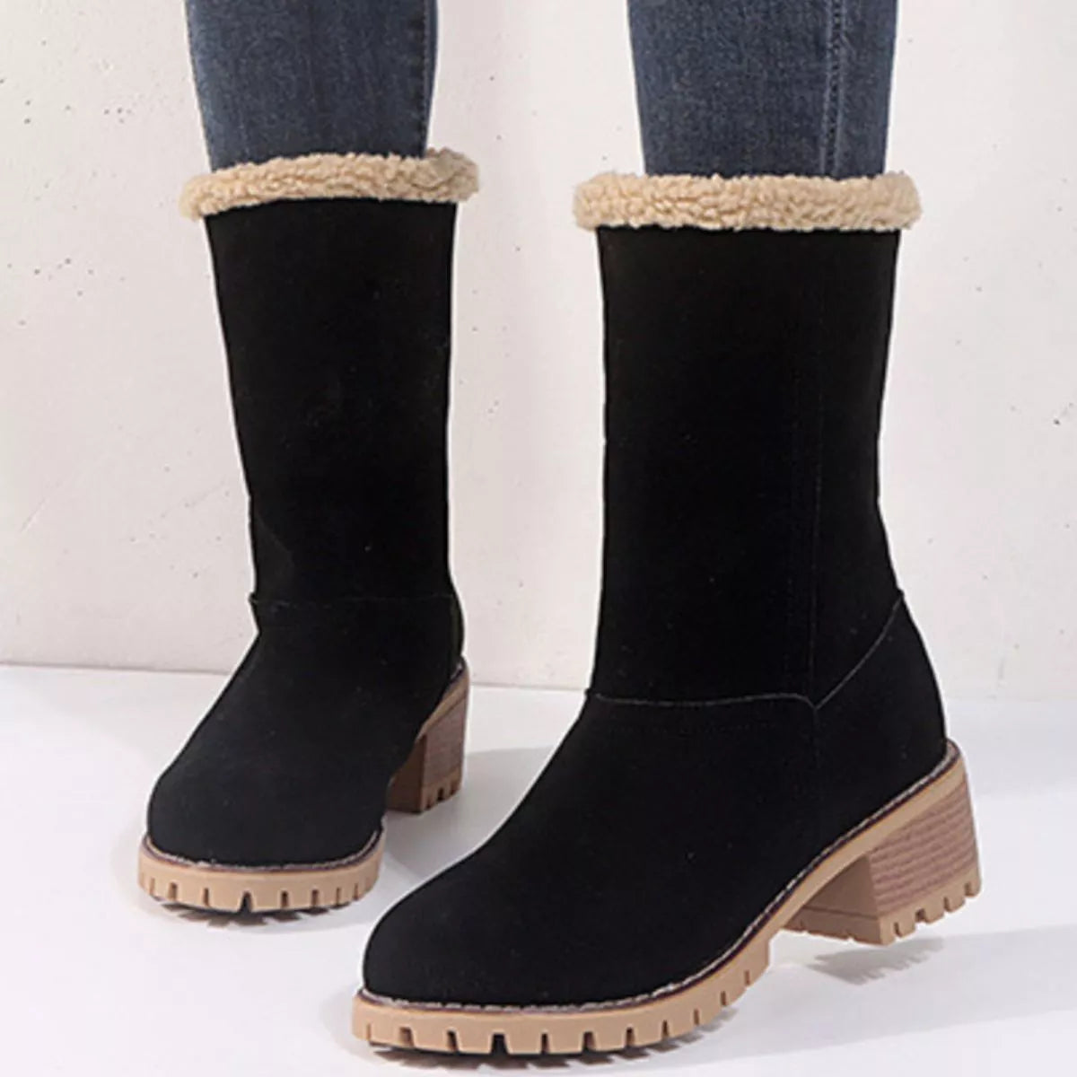 Suede round toe block heel boots toe close up