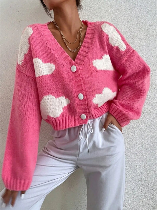 Contrast Cloud Pattern Cropped Button-Up Cardigan Deep Rose - Fashorio