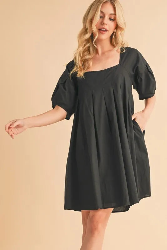 Black square neck babydoll dress front view