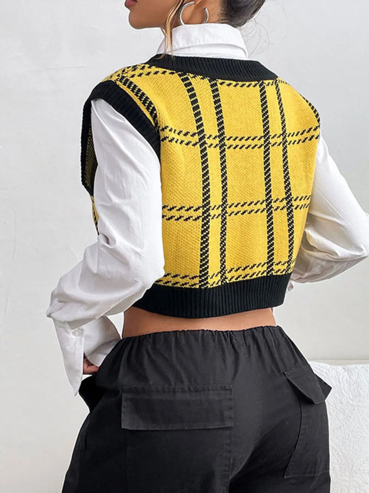 Plaid V Neck Cropped Sweater Vest side view