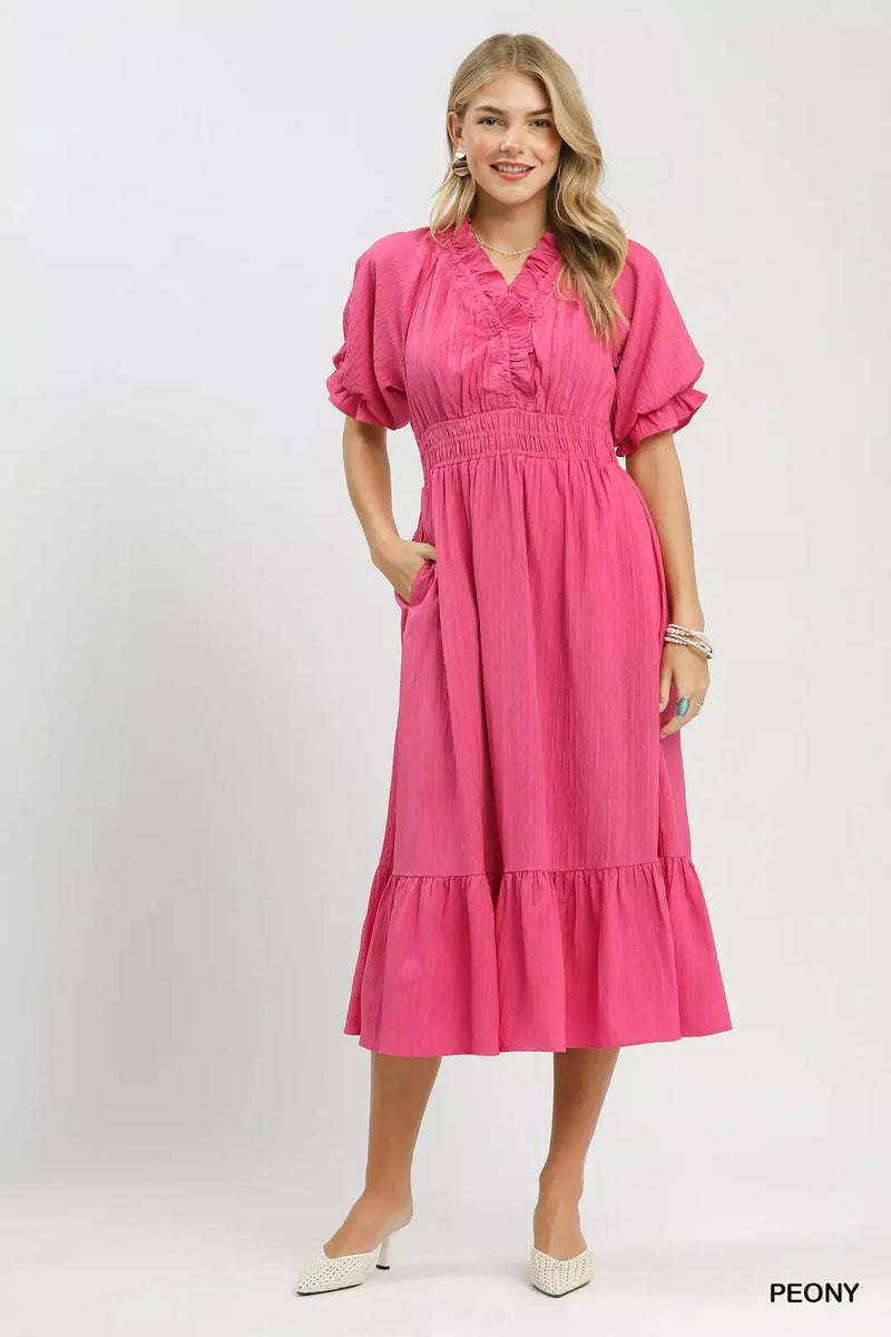 Ruffle V Neck Midi Dress