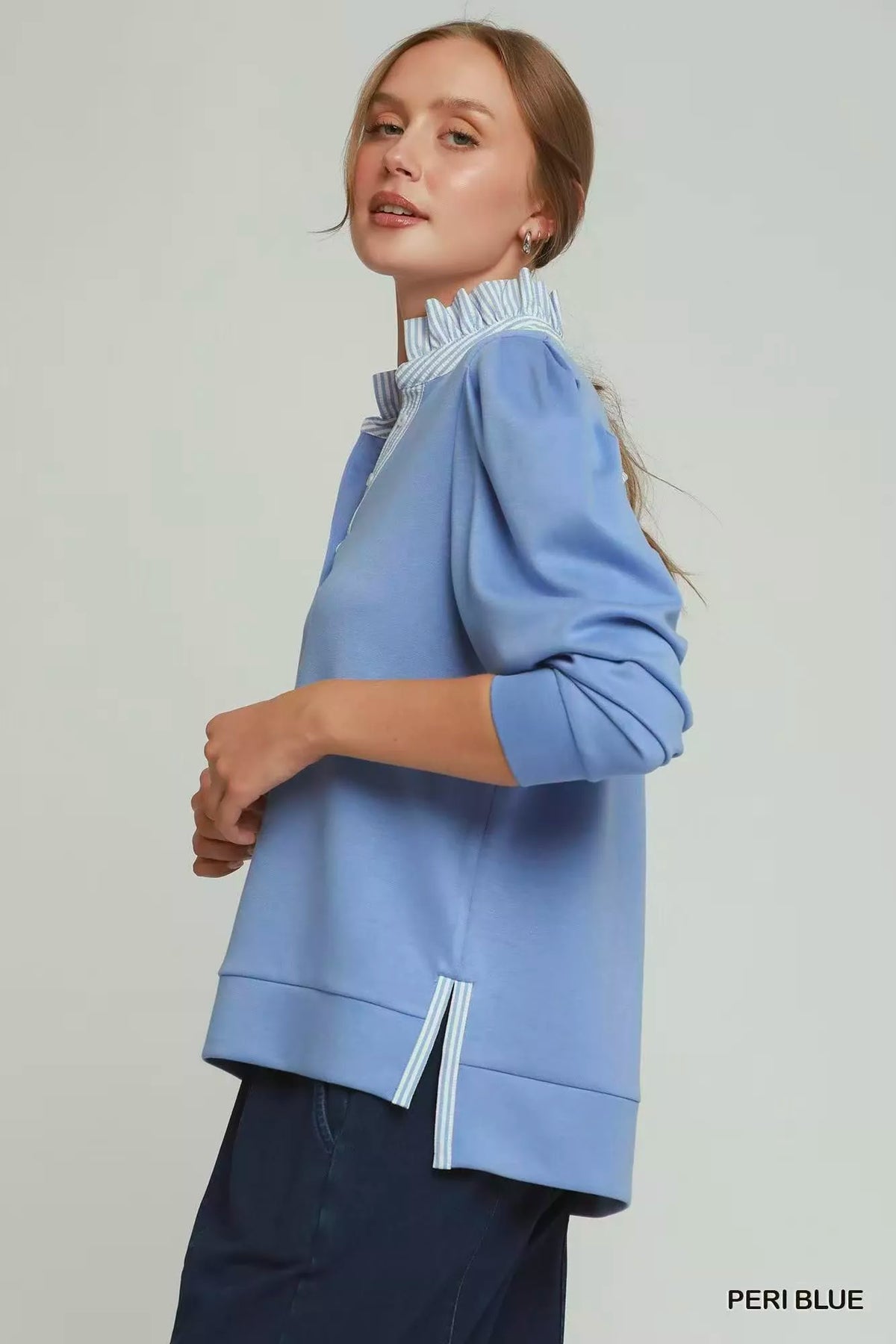 Umgee peri blue stripe ruffle neck long sleeve top back view