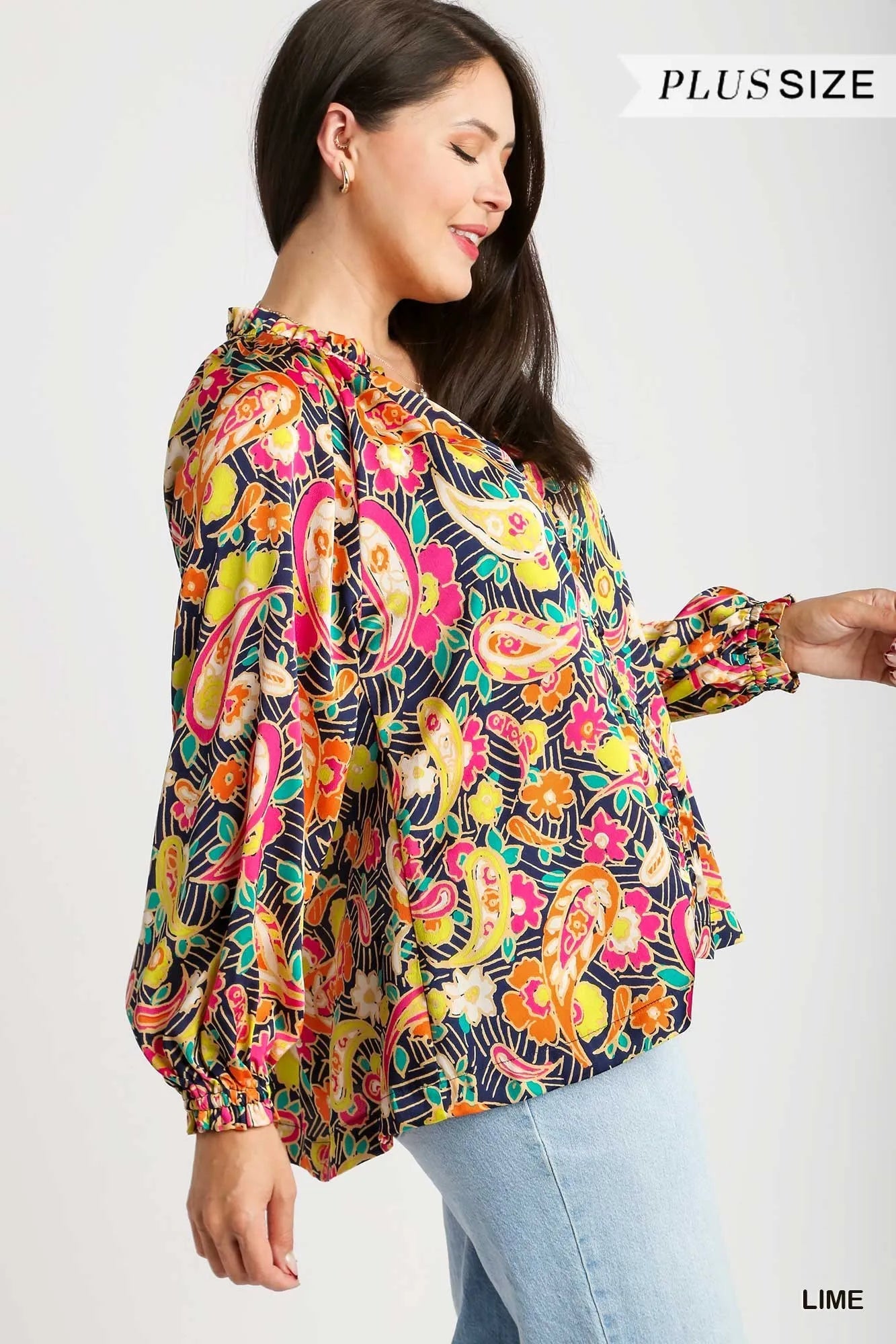 Umgee Full Size Satin Paisley Ruffle Neck Button-Up Shirt Plus Size - Fashorio