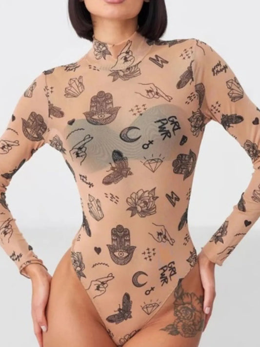 Printed Mock Neck Long Sleeve Bodysuit - Fashorio