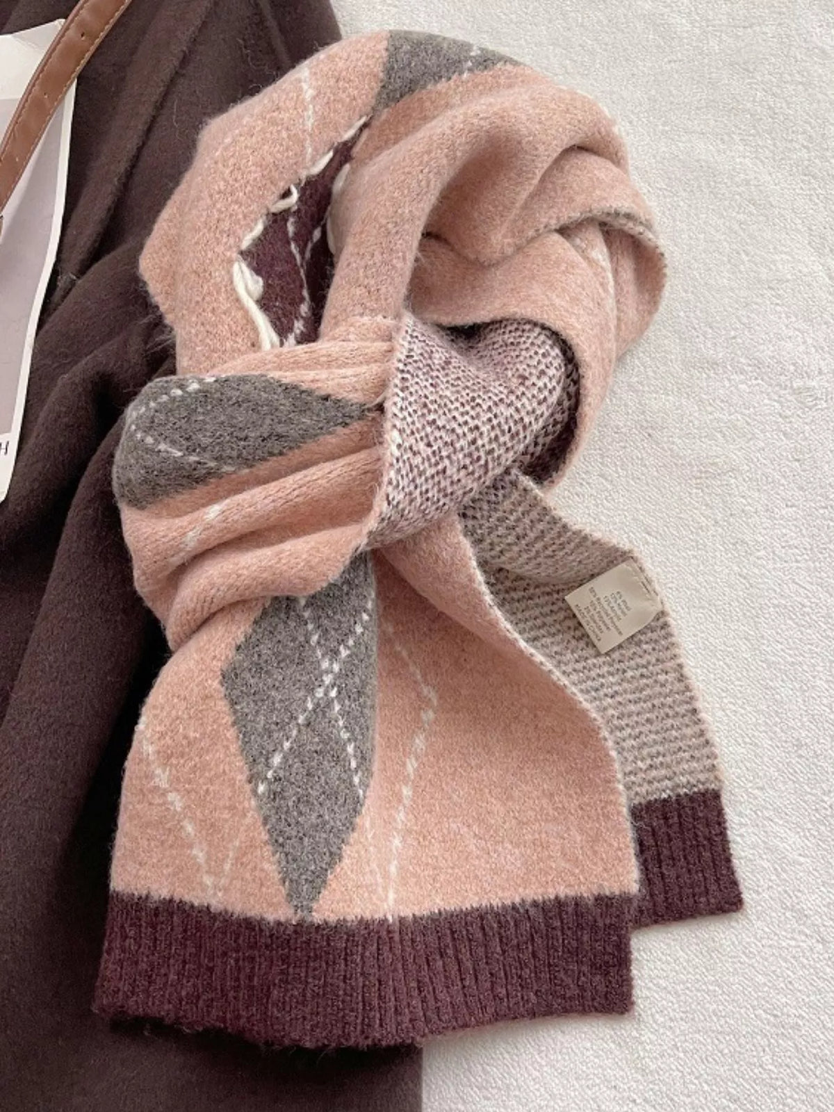 Argyle scarf styled with a coat collar