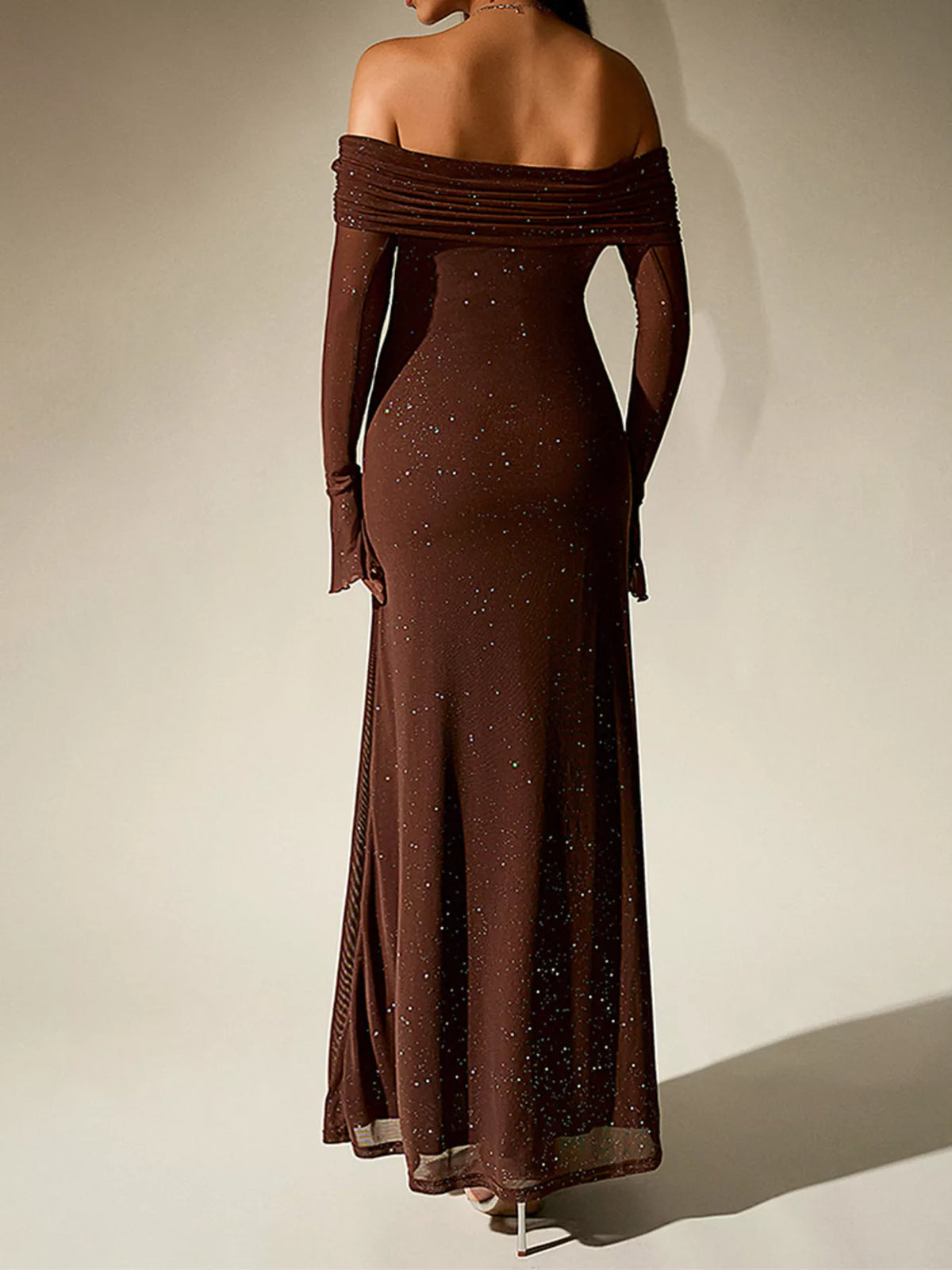 glitter off shoulder maxi dress styling look