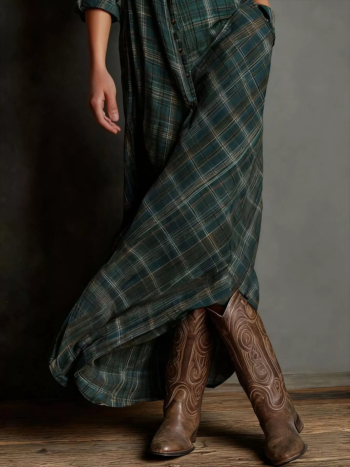 Plaid Button Down Maxi Shirt Dress Plus Size fabric detail