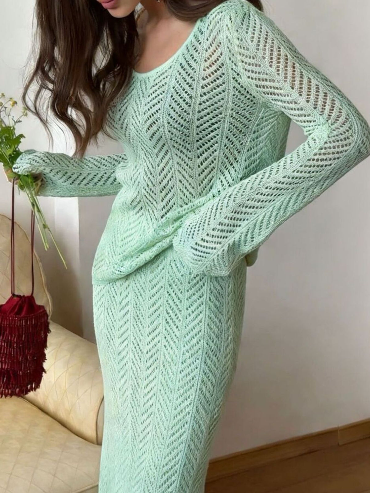 Openwork Long Sleeve Knit Top and Skirt Set, view 7