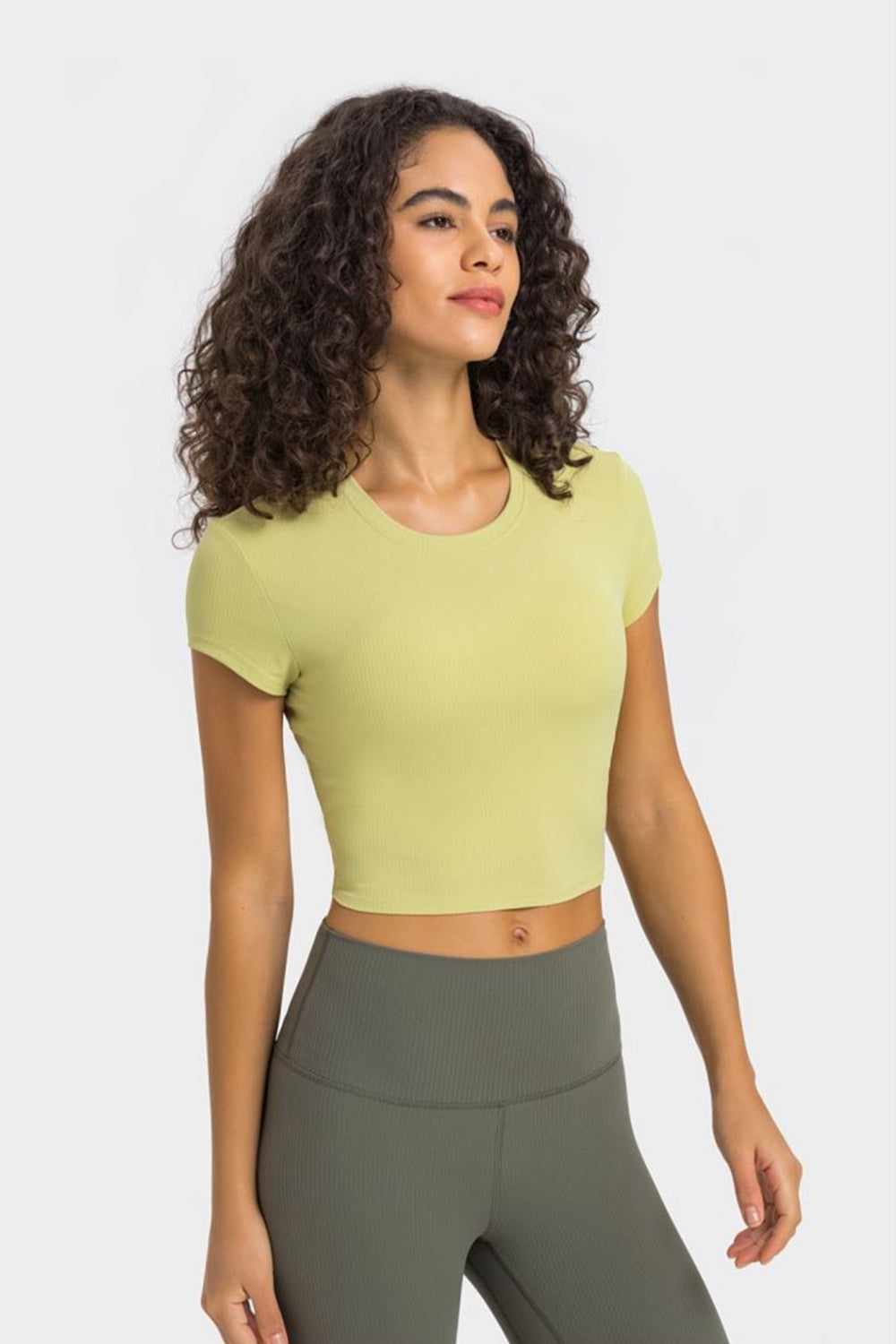 Round neck cropped sports t-shirt side view