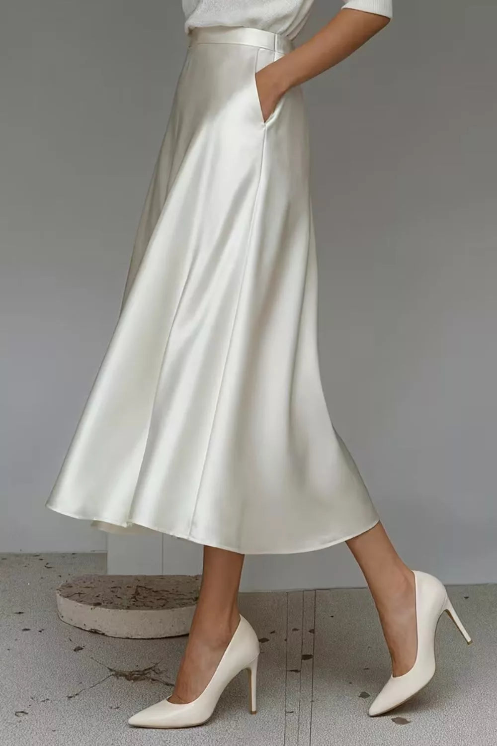 Satin A line midi skirt fabric detail