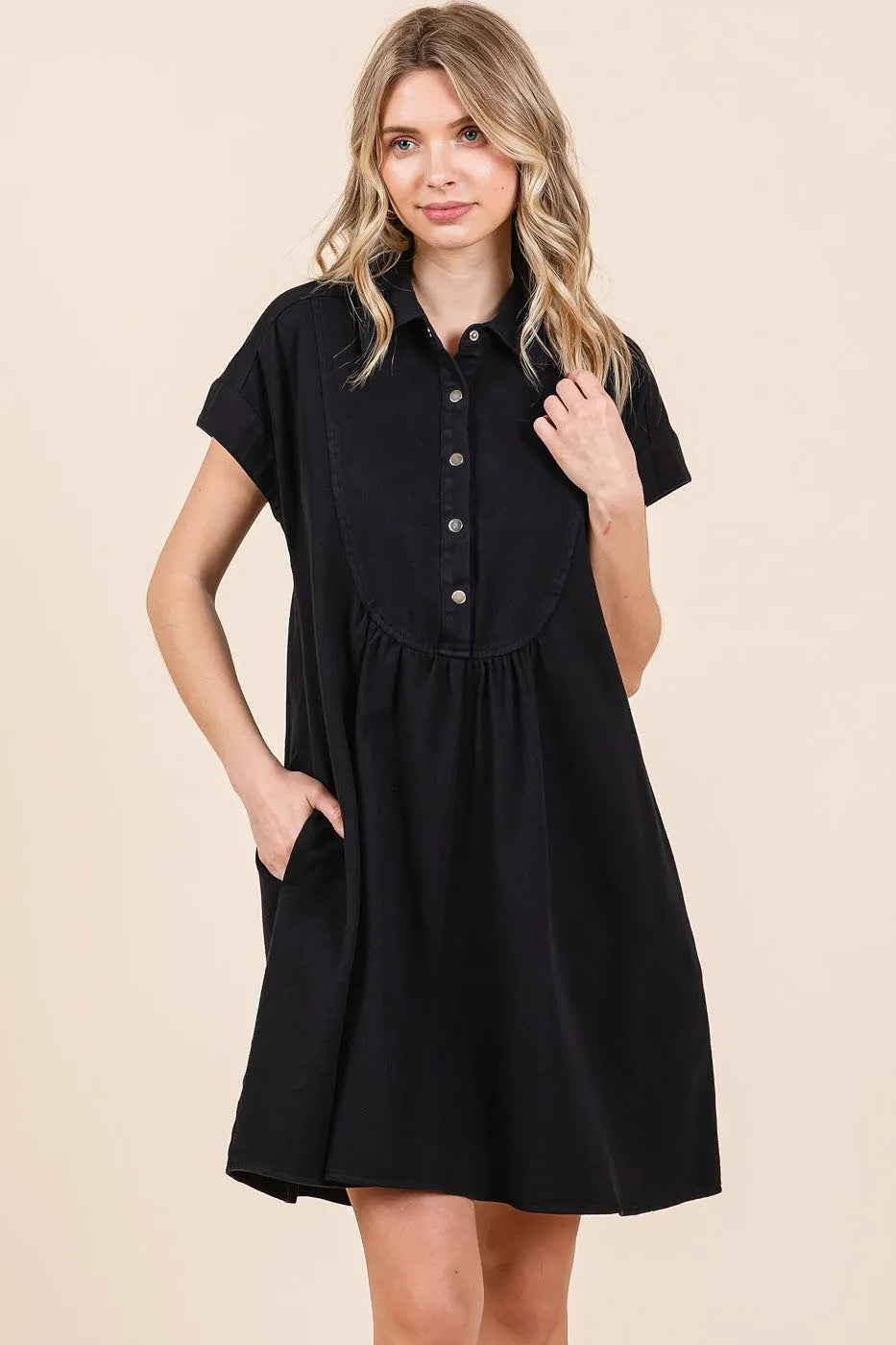 Twill Short Sleeve Collared Mini Dress