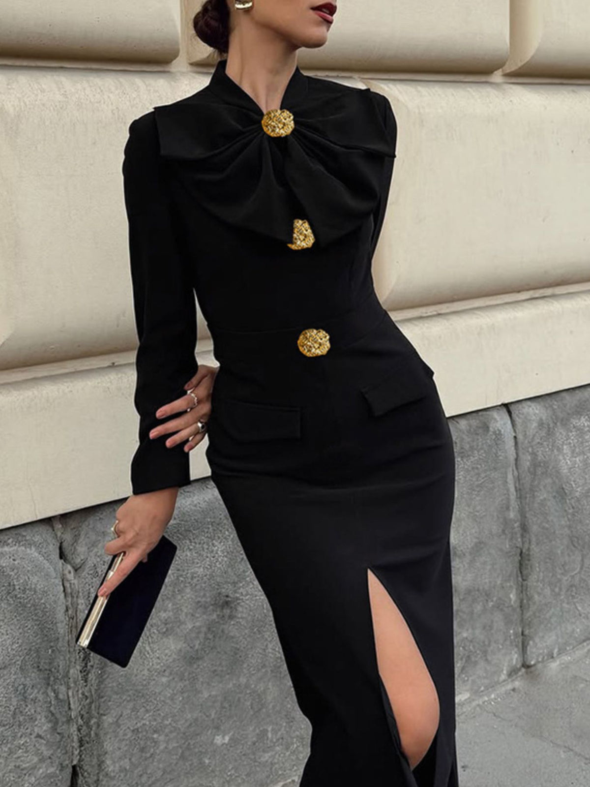 ruched long sleeve midi dress side view