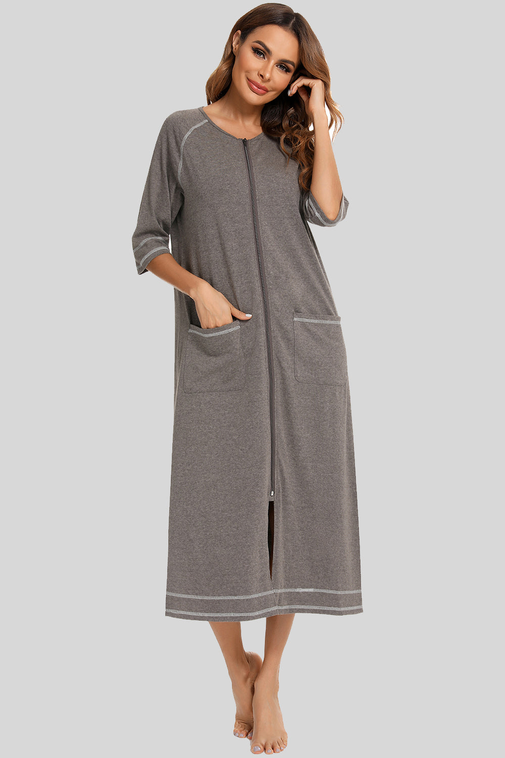 Zip Up Slit Round Neck Night Dress with Pockets Charcoal - Fashorio