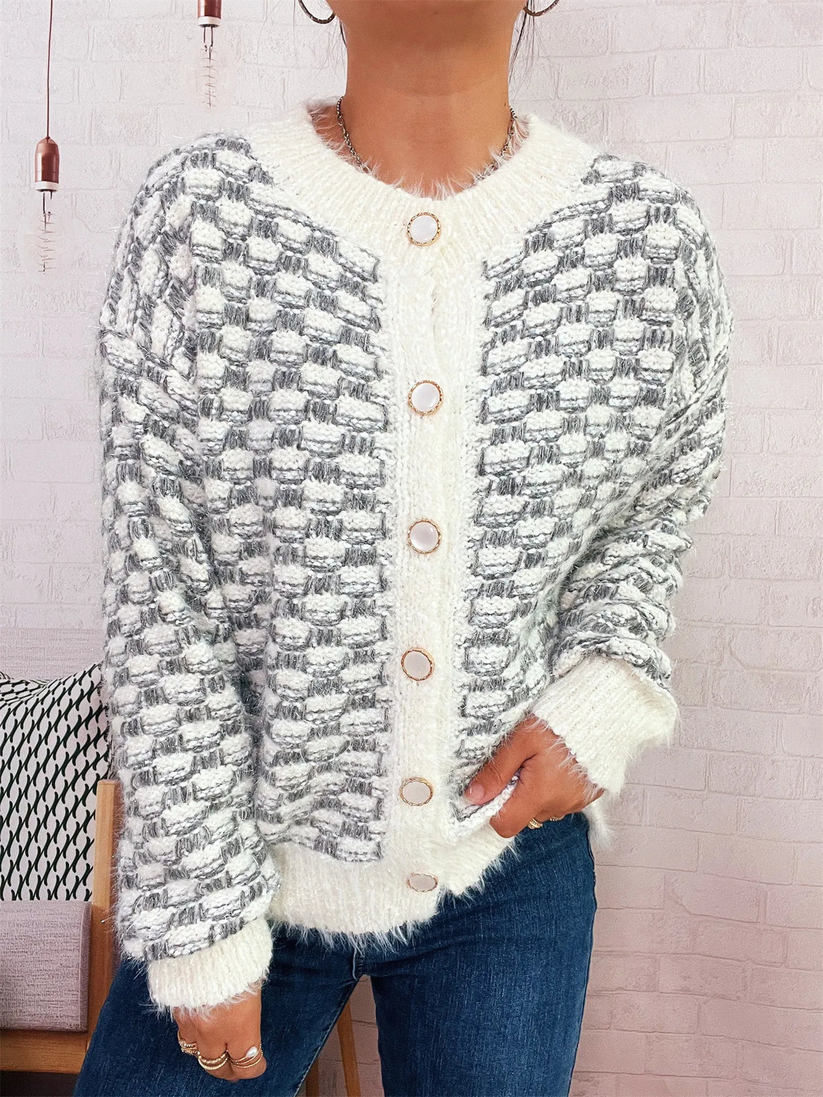 Fluffy textured button up cardigan paired with denim