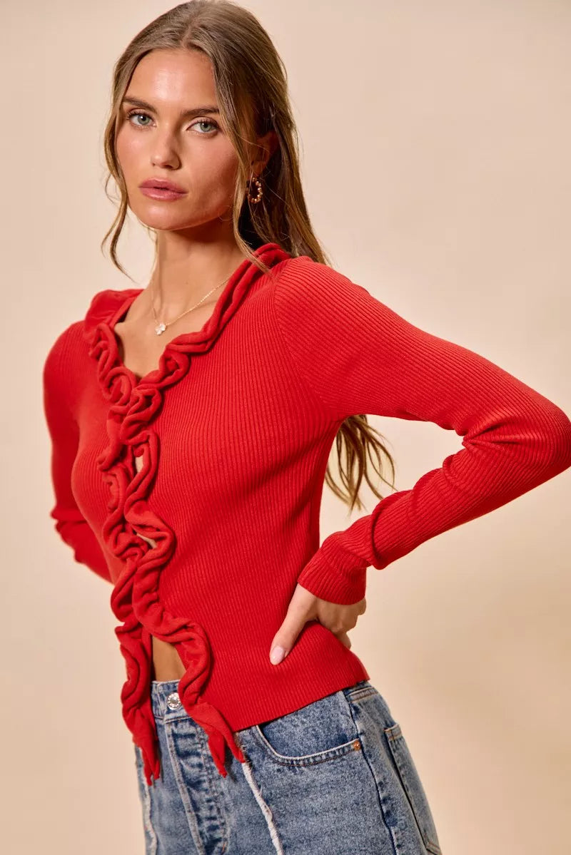 Open front ruffle cardigan back view