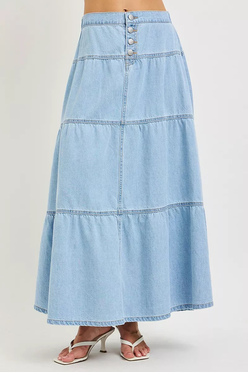 Light wash denim tiered maxi skirt front view
