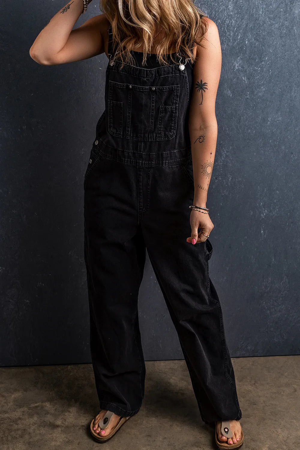 Pocketed Straight Denim Overalls Black - Fashorio