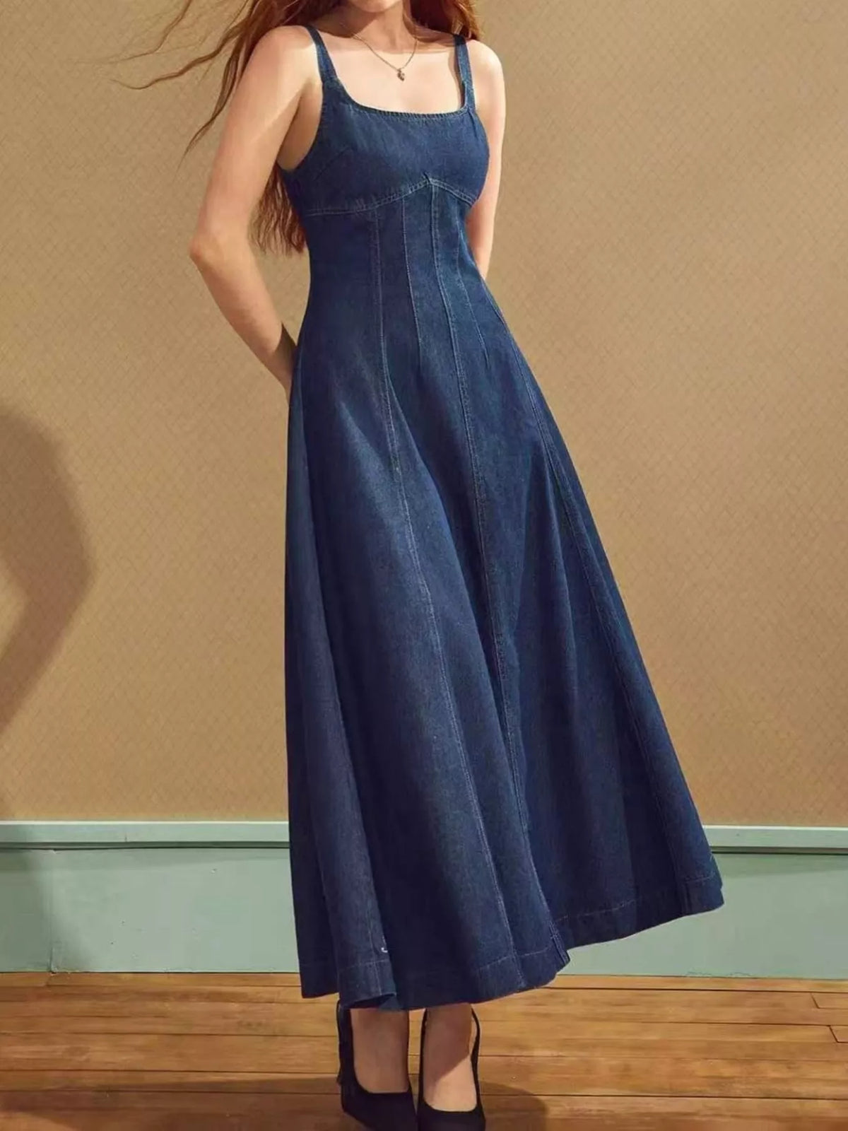 Square neckline detail on the denim dress