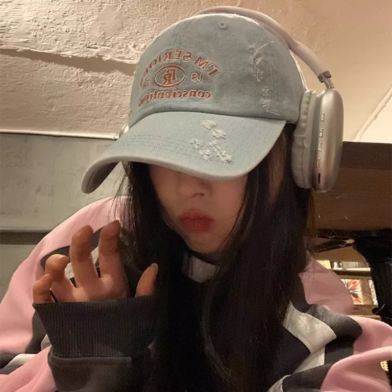 Embroidered distressed baseball cap front view