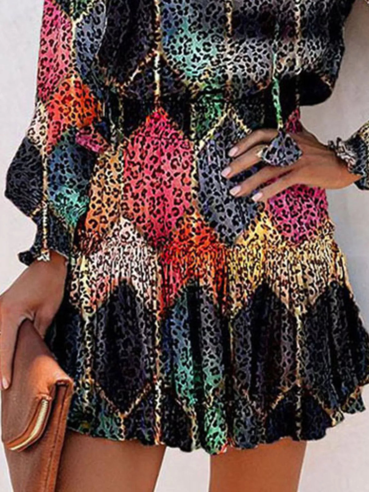 Tie neck lantern sleeve tiered dress back view