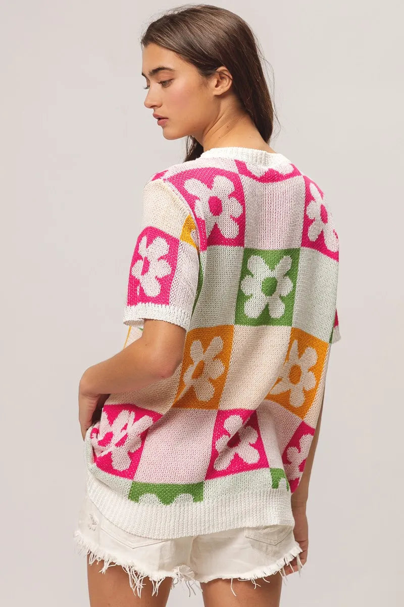 Floral Check Lightweight Sweater Top view 16