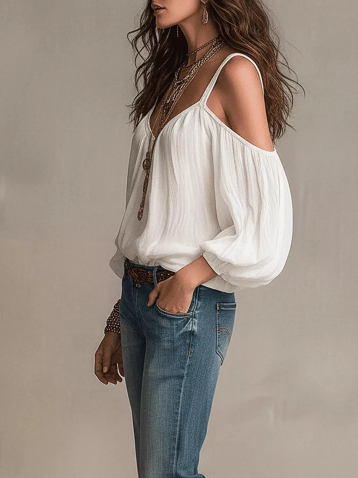 Cold shoulder balloon sleeve blouse side view