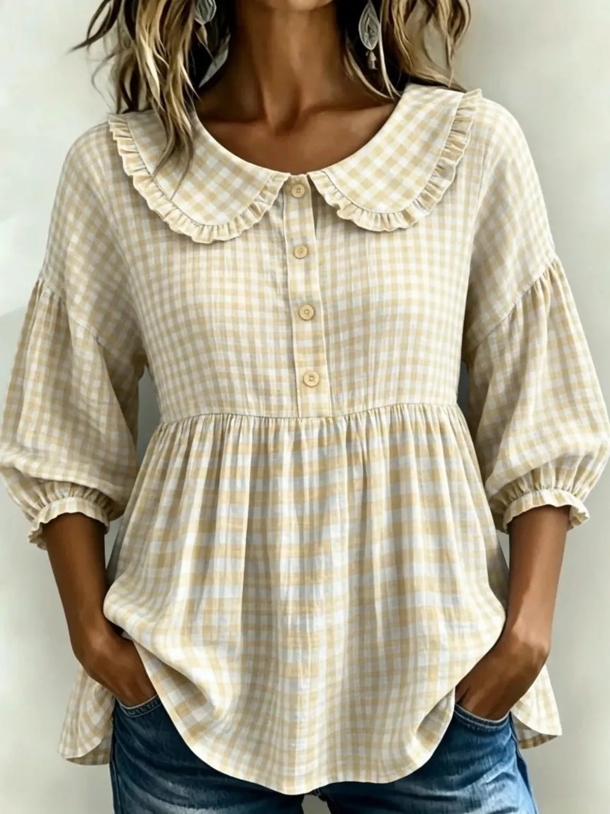 Apricot gingham blouse front view