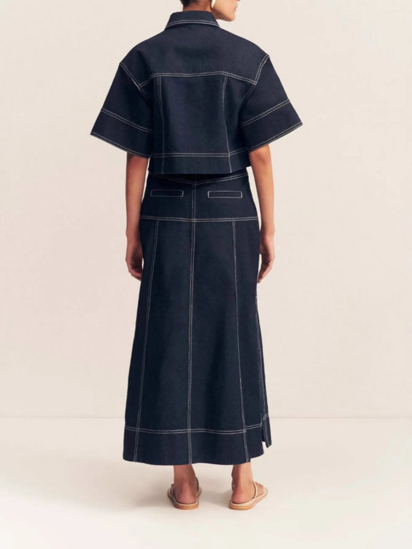 High-Waist Side Slit Contrast Stitch Denim Maxi Skirt - Fashorio