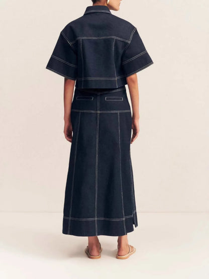 High-Waist Side Slit Contrast Stitch Denim Maxi Skirt - Fashorio