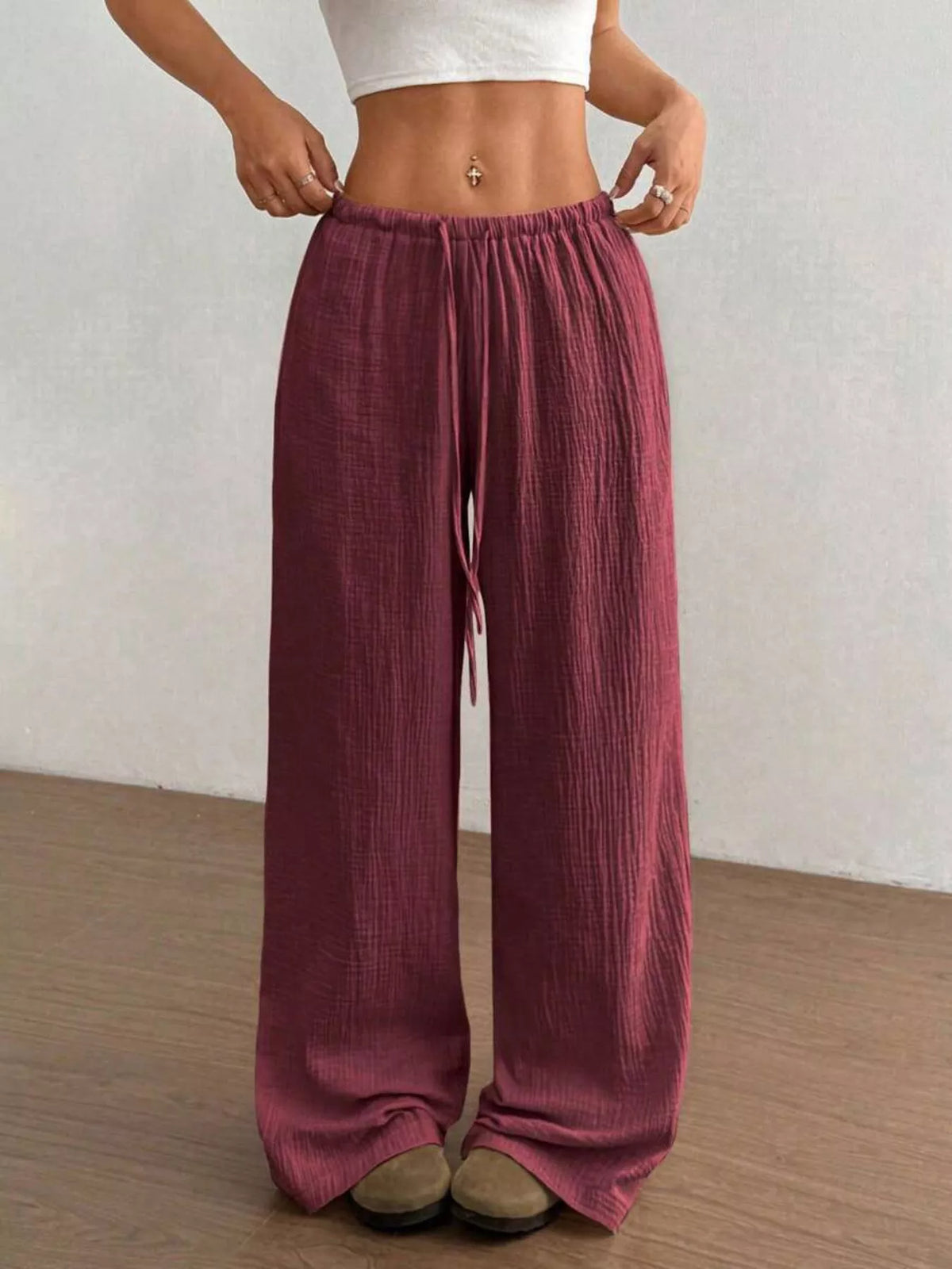Full length view showing the wide leg drape