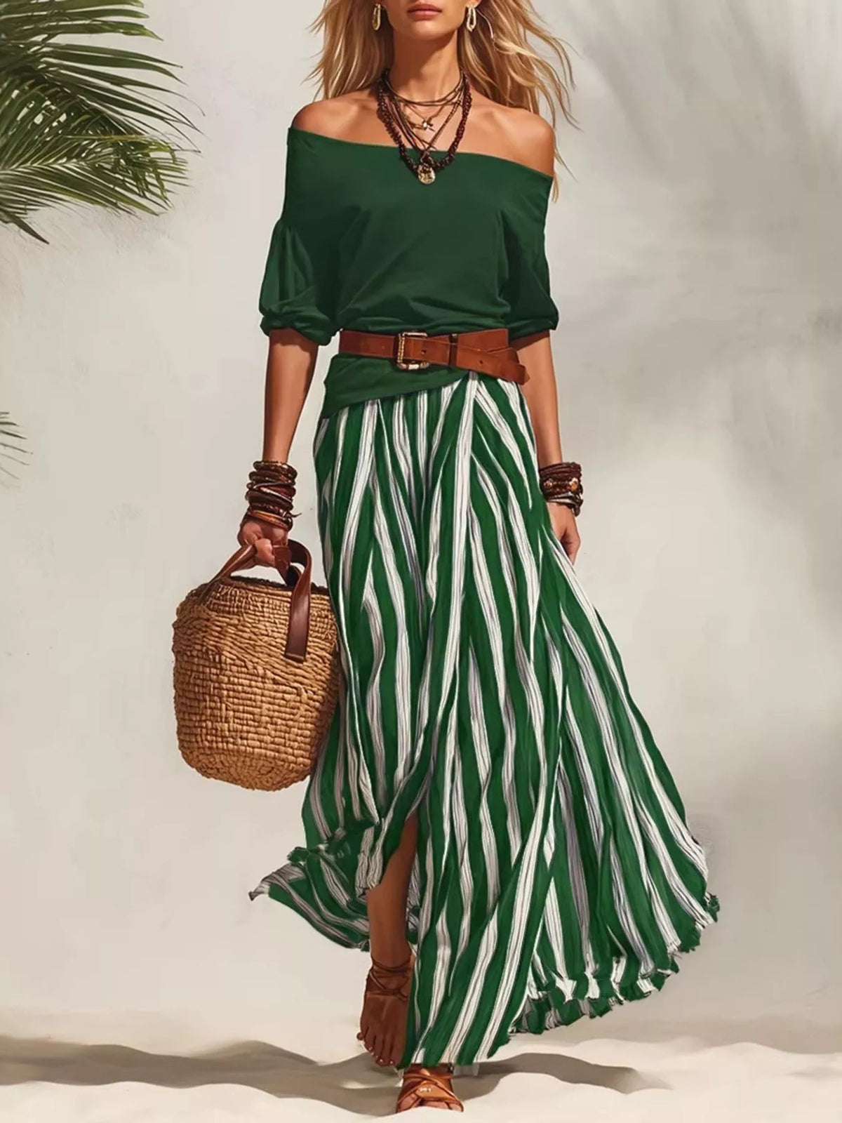 Off Shoulder Top and Striped Maxi Skirt Set, view 5