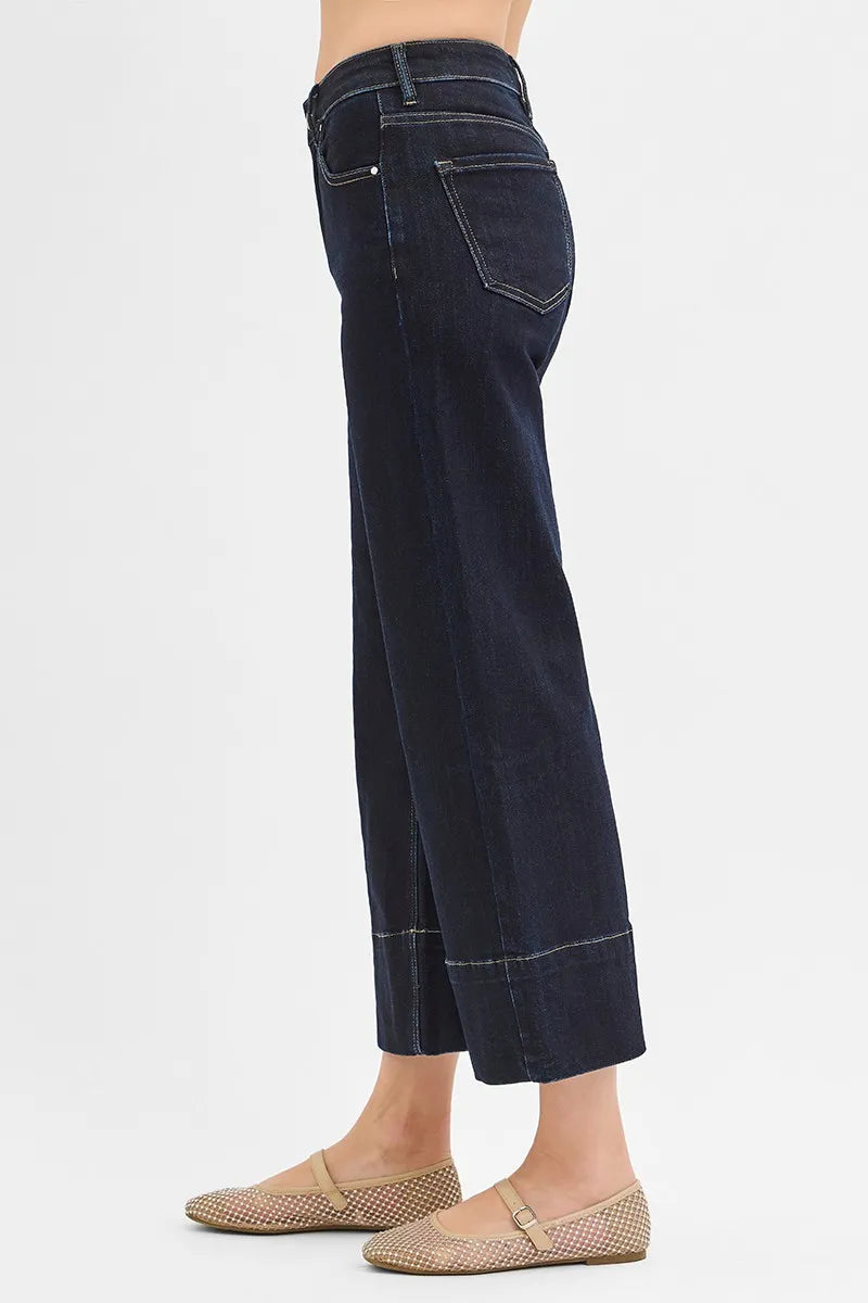 RISEN Tummy Control High Rise Crop Wide Seam Detailed Jeans - Fashorio