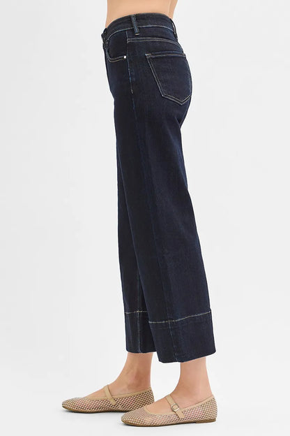 RISEN Tummy Control High Rise Crop Wide Seam Detailed Jeans - Fashorio
