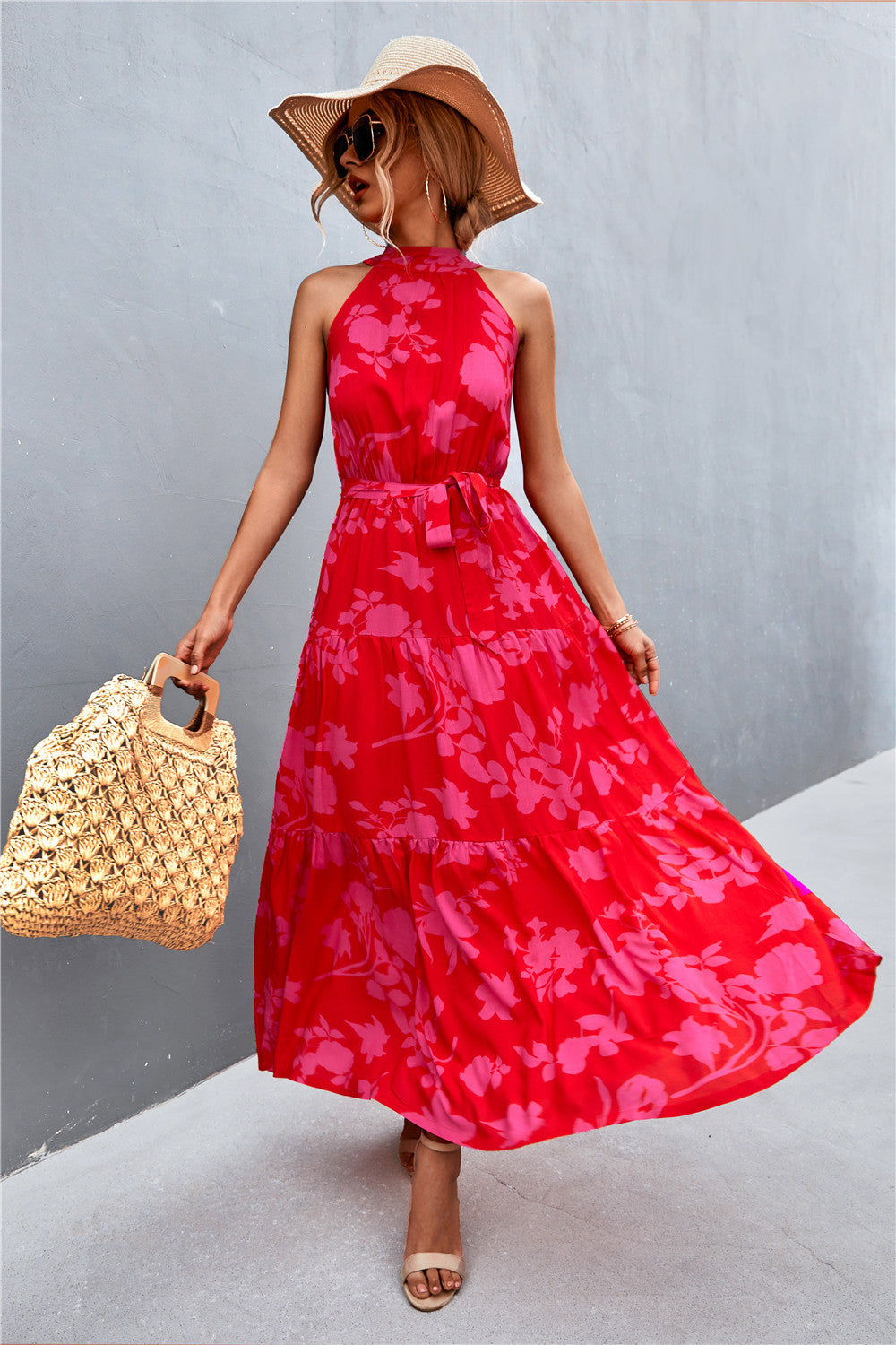 Printed sleeveless tie waist maxi dress styled view