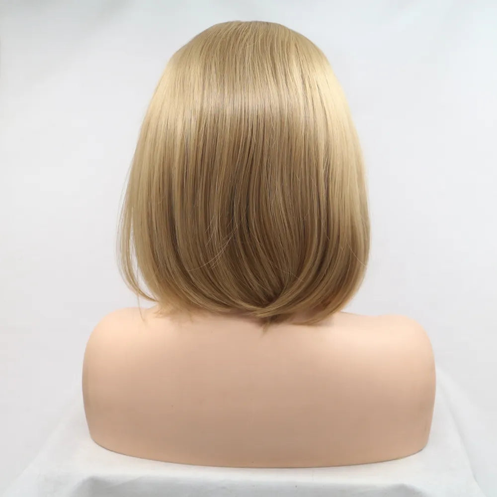 Side view of 12 inch khaki straight synthetic wig