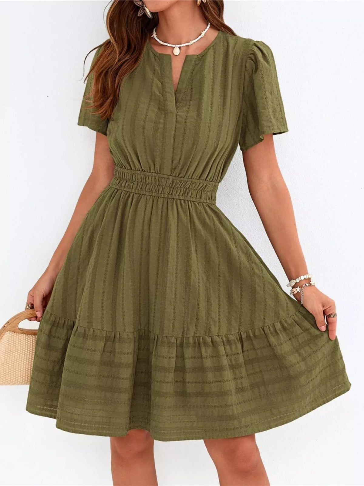 Short sleeve smocked waist tiered midi dress detail view