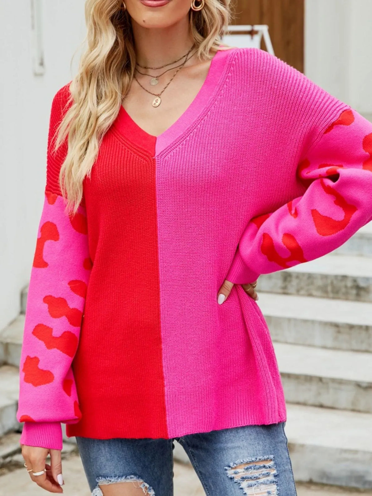 Hot pink Color block leopard V neck sweater side view
