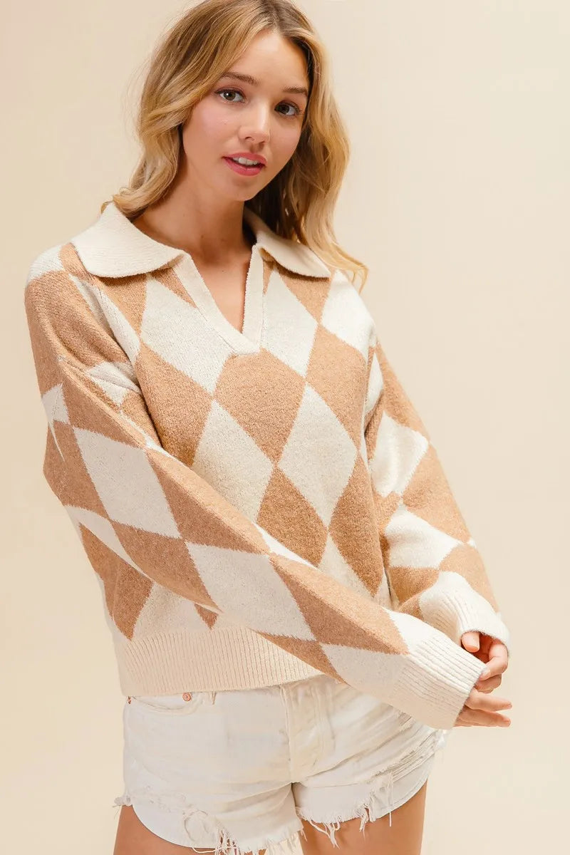 BiBi Diamond Pattern Collared Notch Neck Sweater - Fashorio