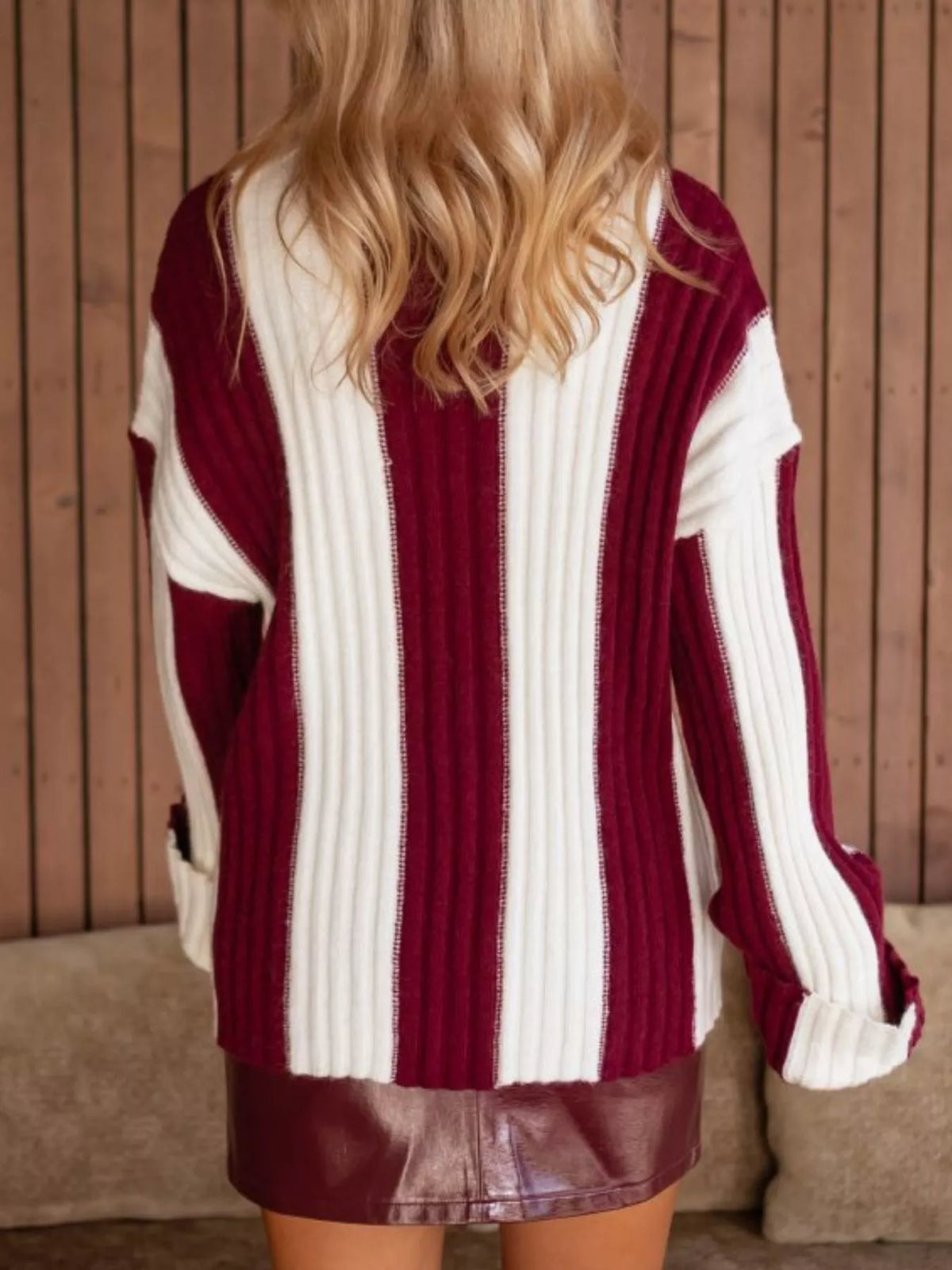 color block ribbed turtleneck sweater front view