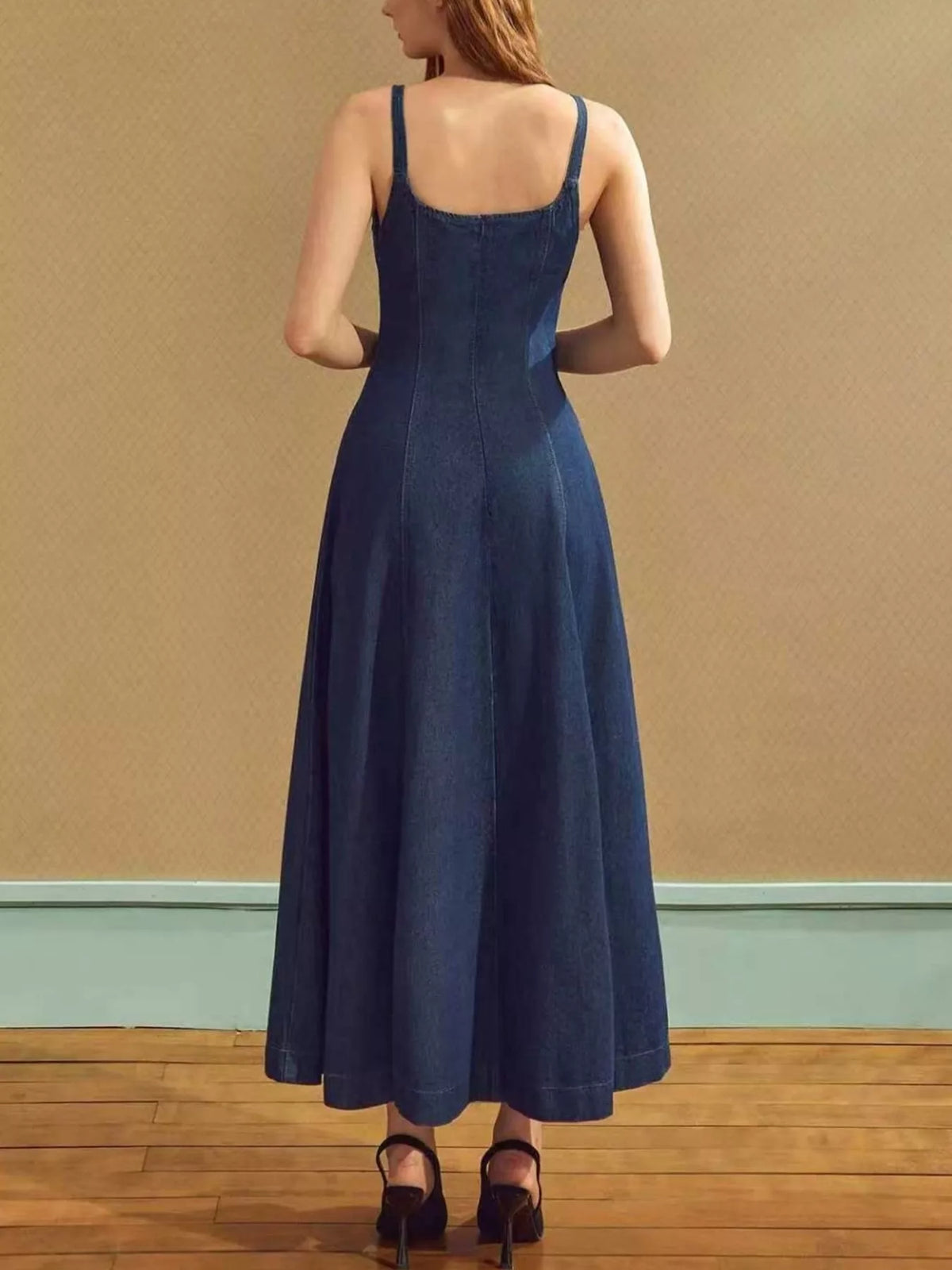 Full length view of the A line denim dress