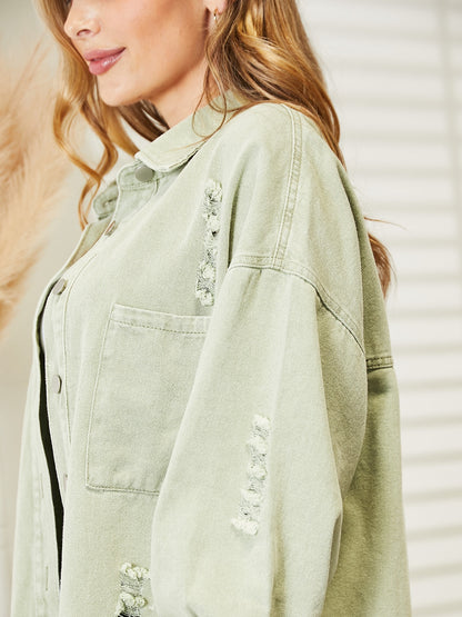 Distressed Raw Hem Denim Jacket - Fashorio