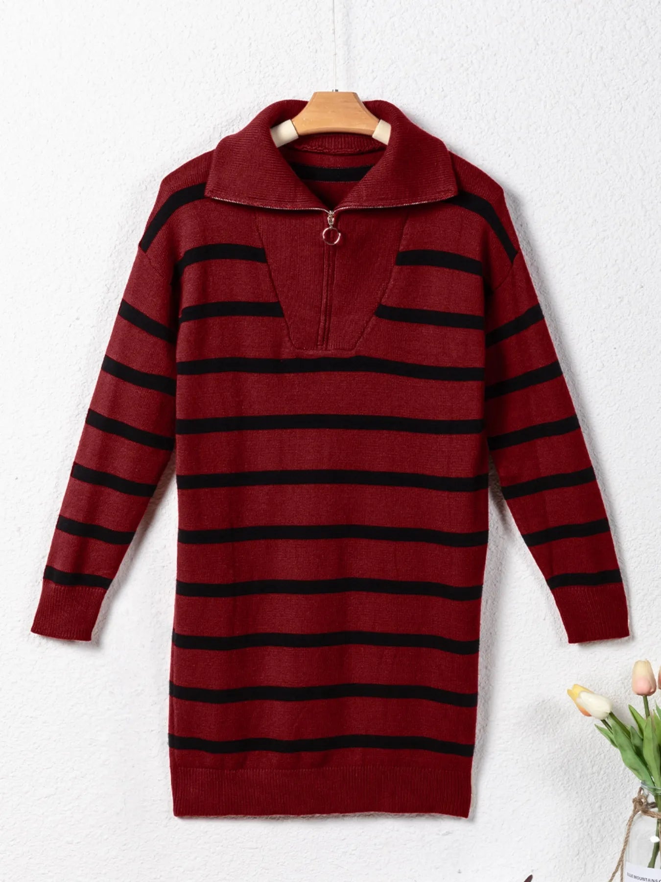 Striped O-ring Zip Collared Loose Sweater Mini Dress - Fashorio