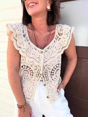 Crochet Lace Button Up Cardigan Beige One Size - Fashorio